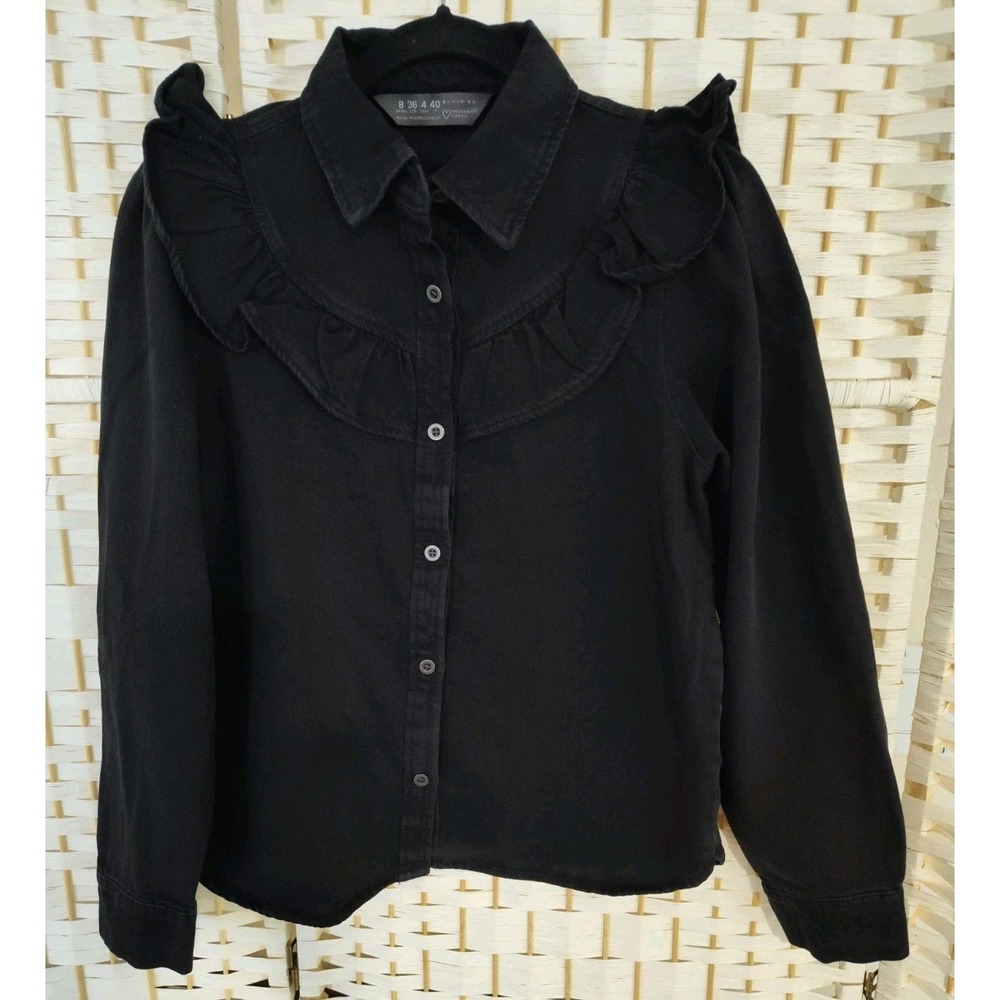 Primark Black Denim Button Up Ruffle Detail Sz 4 Western Boho